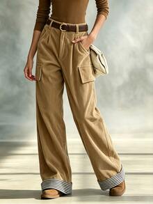 LUMIGAL Women's Autumn Solid Color Faux Pocket Straight Leg Loose Casual Long Pants - Khaki - View 3