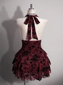 SHEIN ICON 女款大尺碼花卉印花時尚派對掛脖洋裝 冬季 - 酒紅色 - 查看 2
