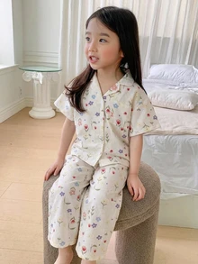 Dazy Kids 少女秋季服飾 格紋短袖長褲居家服 春夏款 - 米色 - 查看 4