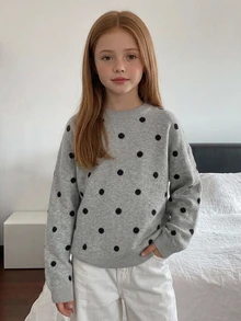 DAZY Tween Girl) Polka Dot Casual Cute Minimalist Crew Neck Pullover Basic Layering Thick Sweater, Autumn/Winter - Light Grey - View 8
