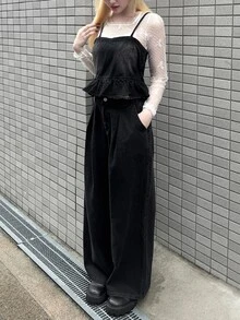 FRIFUL Women's Ruffle Hem Camisole Top And Long Pants Casual Denim Set - Black - View 1