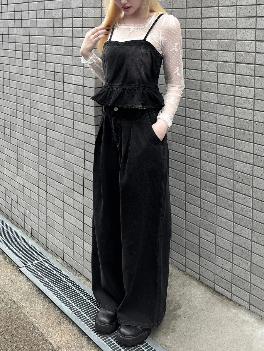 FRIFUL Women's Ruffle Hem Camisole Top And Long Pants Casual Denim Set - Black - View 1