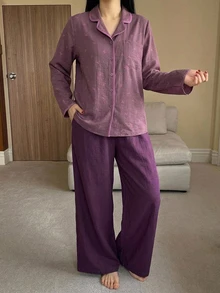 DAZY 2pcs/Set Women's Bow Print Lapel Cardigan Long Sleeve Top & Straight Leg Long Pajama Pants Sleepwear Set - Purple - View 3