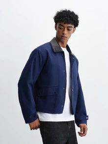 TOKVUE Men's Short Patchwork Navy Blue Jacket, Autumn - Navy Blue - View 5