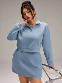 EMERY ROSE طقم كاجوال من قطعتين للنساء بمقاسات كبيرة، بلوزة رياضية بأكمام طويلة وياقة بولو مبطنة بالصوف وتنورة بلون موحد - الأزرق - مشاهدة 7