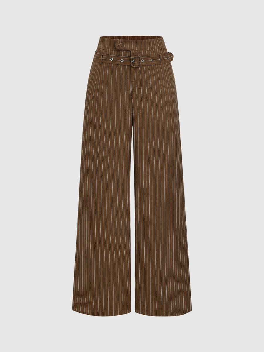 Sweetra Women's Striped Casual Daily Wear Suit Pants - Brown - View 1