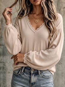LUMIGAL Women's Korean Style Lace Patchwork Pleated Elegant Sweatshirt - Apricot - View 5