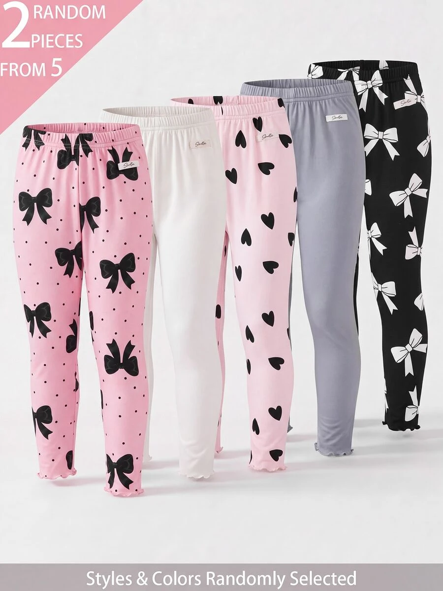 Souflis Souflis 5pcs Randomly Send 2pcs Spring Summer All Season Girls Heart Bow Sweet Cute Versatile Soft Comfortable Ribbed Ribbed Knit Leggings Multi-Piece Set - Multicolor - View 1