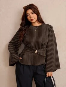 Elaquor Plus Size Fashion Commuter Striped Waist-Cinching Blouse Fall - Brown - View 3