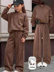 SHEIN Setelan 2 Potong untuk Remaja Perempuan: Sweatshirt Rajut Warna Polos Kerah Bulat Longgar dan Celana Panjang Longgar Model Lurus - Grey - View 2
