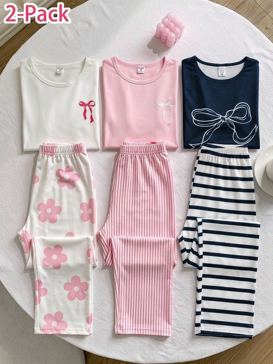 2件組女童兩件式居家服套裝，鏤空印花長袖上衣搭配全數位印花長褲，牛奶絲面料，舒適居家穿著 - 藏蓝色 - 查看 1