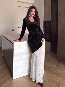Modelyn Women's Designer V-Neck Velvet Contrast Lace Dress - Black and White - View 4