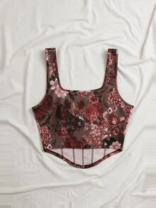 SHEIN VCAY 大尺碼性感花卉印花魚骨背心上衣 - 棕色 - 查看 2
