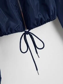 SHEIN EZwear 秋冬款連帽防風夾克，拉鍊開襟、抽繩下擺 - 藏蓝色 - 查看 4