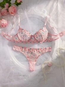 Crystal Vow 2pcs Romantic Embroidered Underwire Bra Set - Multicolor - View 5