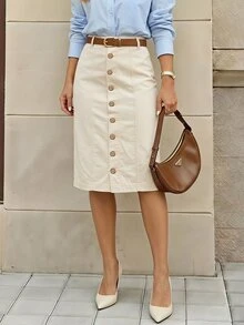 Selenza Women's Fashion Versatile Button Denim Skirt - Beige - View 8