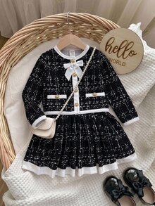 SHEIN Baby Girl Bow Decor Plaid Jacket And Skirt Set - Black - View 6