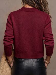 SHEIN جاكيت صوف محبوك نسائي بتصميم صيني حديث للخريف والشتاء، بأزرار على شكل ضفدع، ياقة ماندارين، أكمام طويلة، بقصة قصيرة مفصلة - عنابي اللون - مشاهدة 2