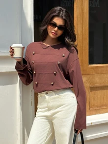 Serisse Kaos Wanita Kasual Musim Gugur Lengan Panjang Leher Bulat Bahu Jatuh Napoleon Detail Kancing Logam Panel Kontras Potongan Longgar Warna Cokelat Kopi - Coklat - View 7