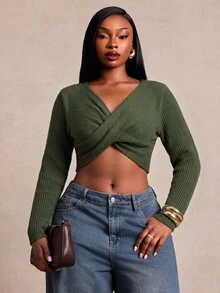 SHEIN SXY Army Green Twisted V-Neck Slim Fit Long Sleeve Cropped Sweater - Army Green - View 7