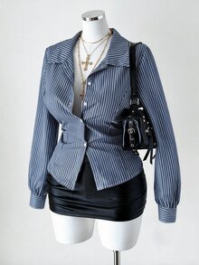 Sunspun Women's Plus Size Blue White Stripe Cinched Waist Casual Elegant Sexy Smart Shirt Fall Office Party Night - Blue - View 6