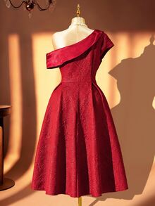 Rometta Plus Size Asymmetrical Shoulder 3D Floral Applique Full Skirt Evening Dress - Burgundy - View 2