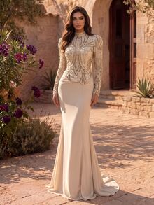 Coutiva Champagne Gold Semi-High Neck Puff Long Sleeve Fully Embellished Rhinestone Beaded Asymmetrical Waist Fitted Mermaid Long Evening Gown - Champagne - View 4