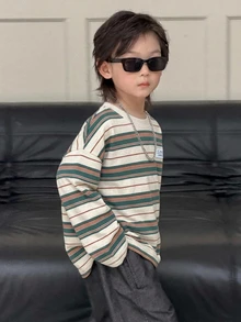 Dazy Kids Kaos Anak Laki-Laki Lengan Panjang Bergaris Kasual untuk Musim Gugur - Light Grey - View 4