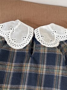 女童少女秋冬刺繡翻領蕾絲領梭織格紋拼接娃娃洋裝 寬鬆長袖復古學院風休閒棕色 - 藏蓝色 - 查看 7