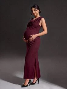 Cheriluna Maternity Burgundy Shiny Fabric Ruched Neck Maternity Portrait Dress, Sleeveless Tank Top Bodycon Split Fishtail, Elegant And Glamorous For Evening Party - Burgundy - View 7