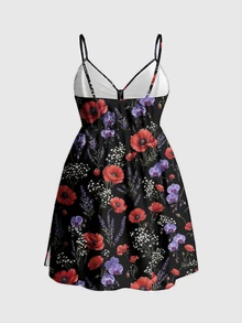 ROMWE Fairycore Dark Hippie Forest Floral Vacation Strap Plus Size Dress - Black - View 2
