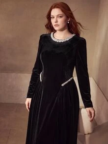 MOTF PREMIUM WOMEN'S PLUS SIZE PATCHWORK RHINESTONE TRIM LONG SLEEVE ELEGANT DRESS - Black - View 7