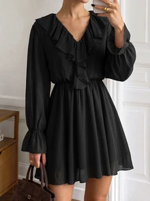 Easowa Women's Solid Color Ruffle Collar Long Sleeve Fashion Short Dress - Black - View 5