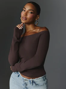 NYA SZN Project NYA Top Long Sleeve Layered Cold Shoulder Everyday Luxury Club Rave Classic Sexy Basic Chic Casual Festival Going Out Brown Neutral Fall Winter - Coffee Brown - View 4