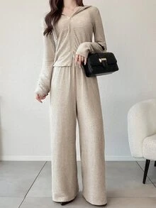 FRIFUL Women's Strapless Contrast Trim Ruffle Patchwork Loose Hem Wide Leg Pants Sweet 2 Pieces Set - Apricot - View 4