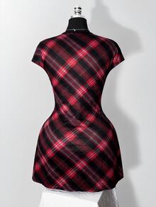 SHEIN ICON 大尺碼復古 Y2K 深 V 領花卉短袖收腰 A 字洋裝，開學穿搭、日常穿著、休閒度假夏季洋裝 - 酒紅色 - 查看 2