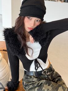 K-Vae Women's Autumn/Winter Black Jacket, Fur Collar Knitted Slim Fit Coat - Black - View 1