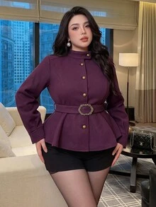 Vibekara Napoleon Style Plus Size Women's Casual Minimalist Commuter Woven Purple Autumn/Winter Wool - Purple - View 3
