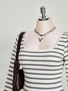 SHEIN ICON 大尺碼彩色條紋露背喇叭袖針織洋裝 - 彩色 - 查看 6