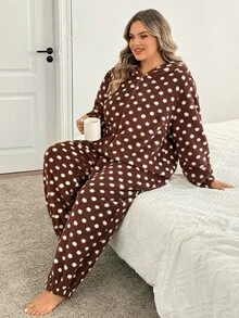 SHEIN CURVE+ Autumn/Winter Thermal Lined Brown Polka Dot Hooded Rabbit Ears Jumpsuit - Multicolor - View 8