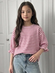 DAZY Tween女孩杏色針織條紋短袖圓領秋季燈籠袖寬鬆T恤 - 粉色 - 查看 3