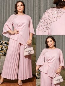 SHEIN Clasi 大尺碼女款仿珍珠裝飾上衣與長褲休閒日常兩件套 - 粉色 - 查看 12