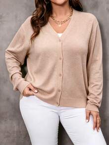 EMERY ROSE Plus Size Solid Color V-Neck Long Sleeve Cardigan - Apricot - View 8