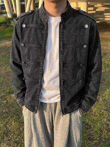 DAZY Jaket Denim Hitam Bergaya Dicuci dengan Kancing Logam Dekoratif untuk Pria, Cocok untuk Musim Semi/Gugur - Hitam - View 1