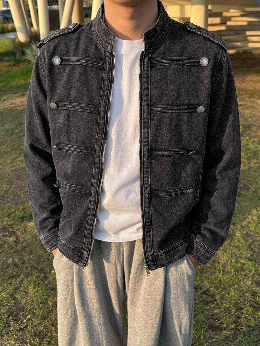 DAZY Jaket Denim Hitam Bergaya Dicuci dengan Kancing Logam Dekoratif untuk Pria, Cocok untuk Musim Semi/Gugur - Hitam - View 1