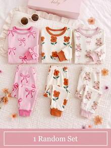 SHEIN Baby Girl Snug Fit Round Neck Long Sleeve Top And Long Pants Loungewear Set(1 Random Sets) - Orange - View 1