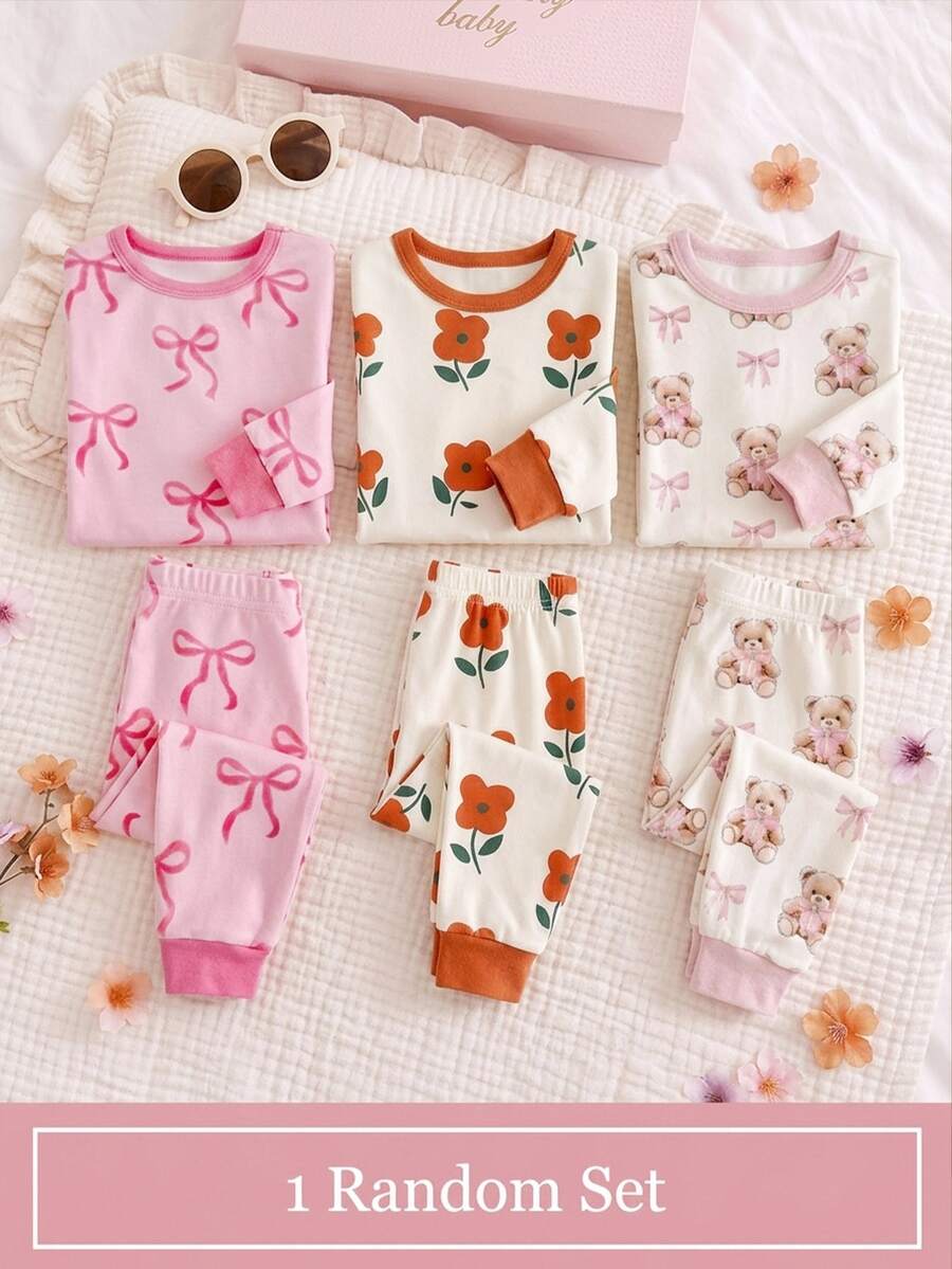 SHEIN Baby Girl Snug Fit Round Neck Long Sleeve Top And Long Pants Loungewear Set(1 Random Sets) - Orange - View 1
