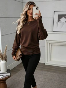 Elenzga 1pc Women's Plus Size Solid Color Round Neck Long Sleeve Casual Shirt, Suitable For Daily Indoor And Outdoor Wear In Autumn - Multicolor - View 1