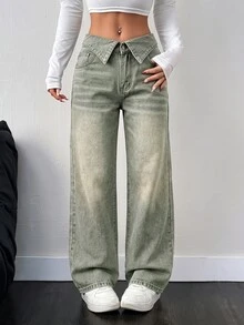 Rivivi Petite Women's Fashion Folded Waist Button Pocket Loose Denim Jeans - Green - View 3
