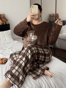 Napfluff CURVE Napfluff CURVE Cute Cartoon Bear Plush Home Wear, Fashion Plaid Casual Pajama 2 Pieces Set - Brown - View 3